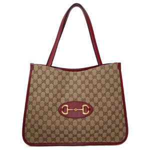 Gucci Horsebit 1955 Tote Shoulder Bag beige GG canvas Red